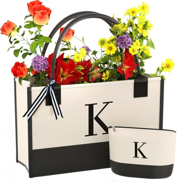 Monogrammed Canvas Tote Bag with Zipper Pockets - Ideal Gift for Mom, Teacher, S - Picture 1 of 7
